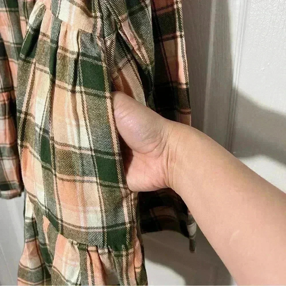 NWOT EASEL Green and Orange Tiered Long Sleeve Flannel Top | size Large - Picture 6 of 9